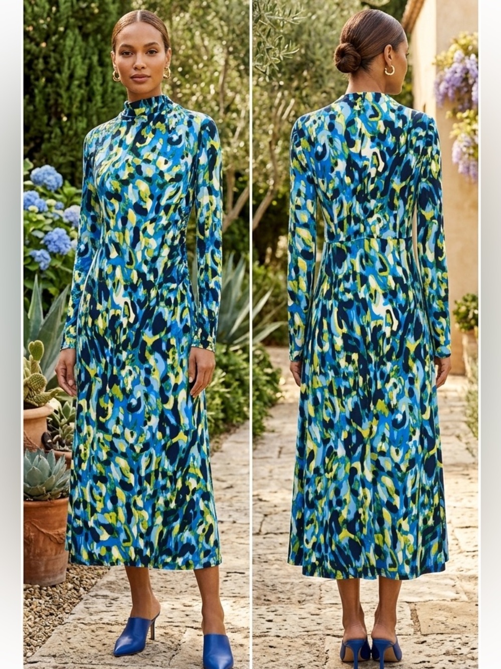 Maggy London Blue Multi-Print Long Sleeve Midi Dress